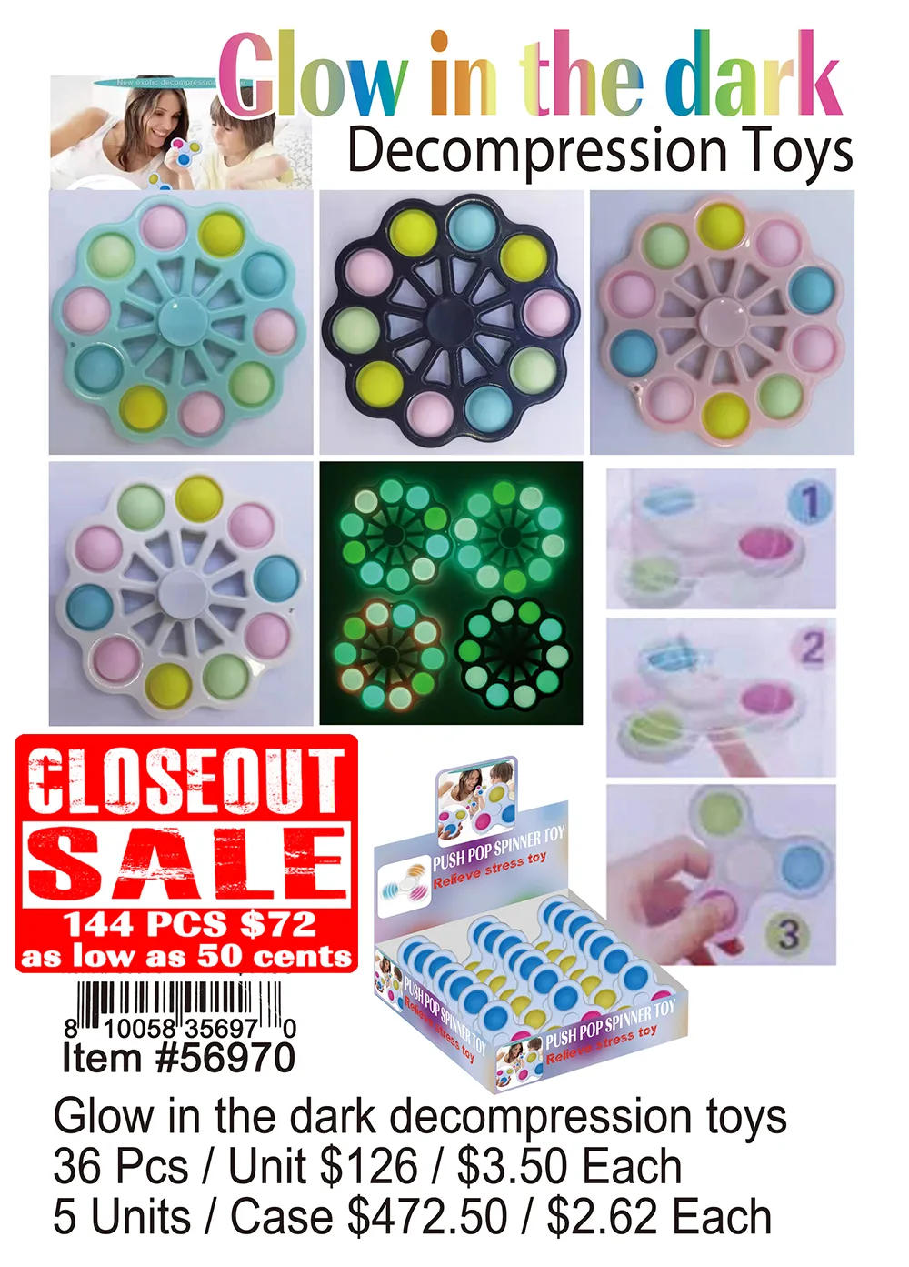 Glow In The Dark Decompression Toys - Closeout 144 Pcs.